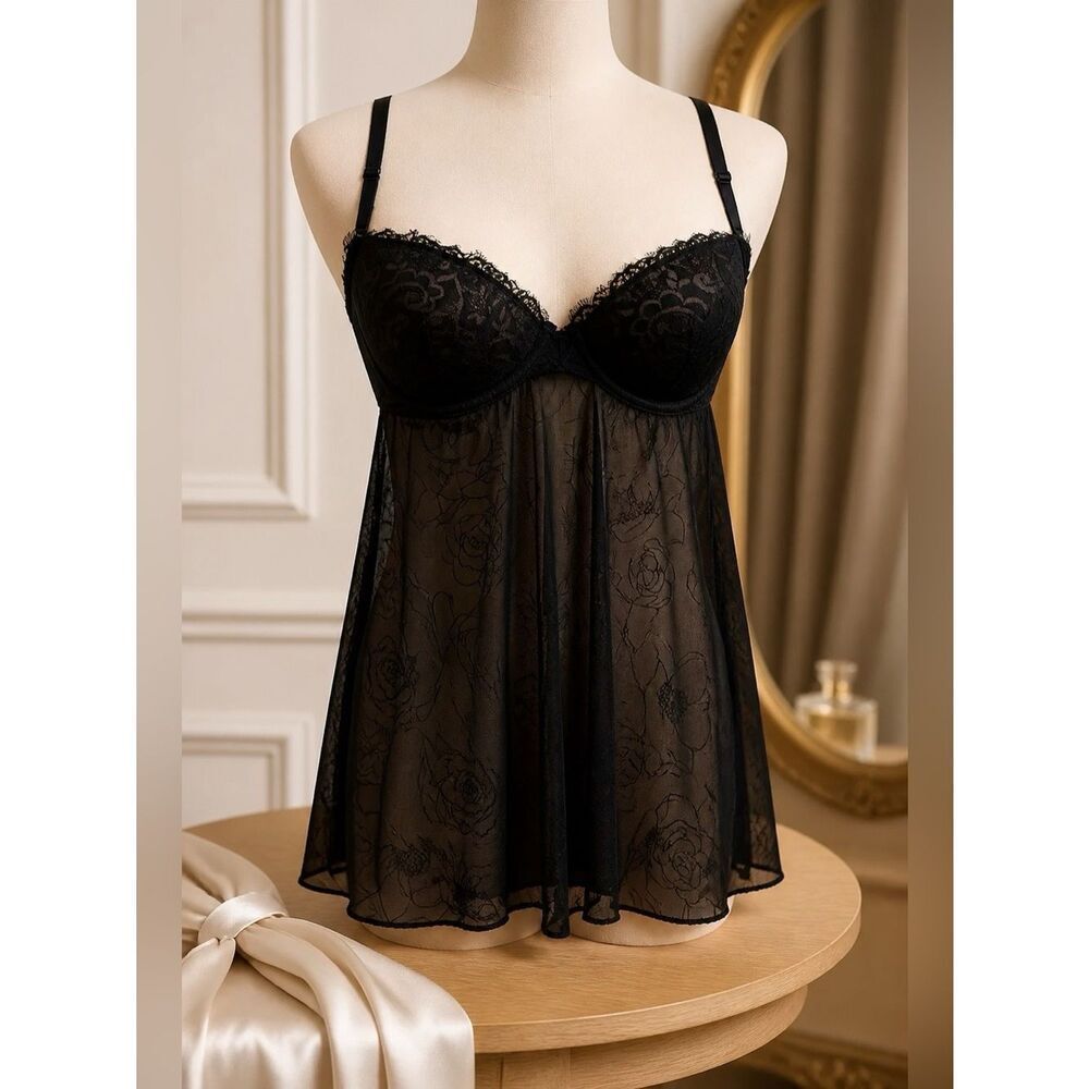 VINTAGE BLACK LACE & CHIFFON BABY DOLL VICTORIA’S SECRET SEXY LITTLE THINGS 36C